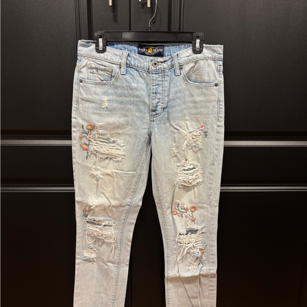 Lucky Brand Light Blue Distressed Jeans with Floral Embroidery